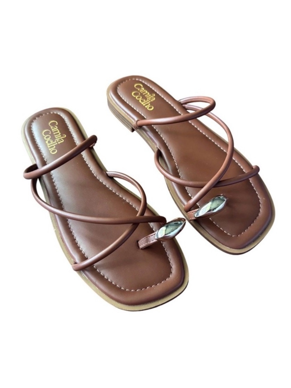 Camila Coelho Venue Sandals Brown Strappy Toe Ring Size 8 Designer REVOLVE
